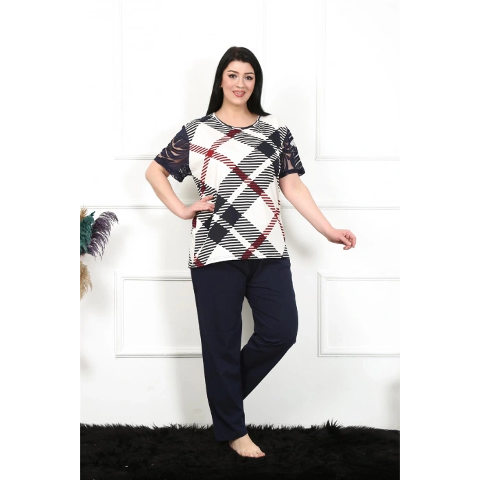 Moda Çizgi Kadın 5XL-6XL-7XL-8XL Büyük Beden Kısa Kol Pijama Takım 75003