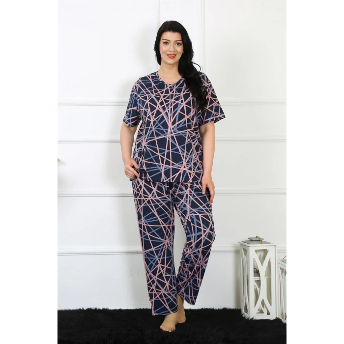 Moda Çizgi Kadın 5XL-6XL-7XL-8XL Büyük Beden Kısa Kol Pijama Takım 75008