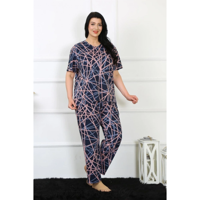 Moda Çizgi Kadın 5XL-6XL-7XL-8XL Büyük Beden Kısa Kol Pijama Takım 75008