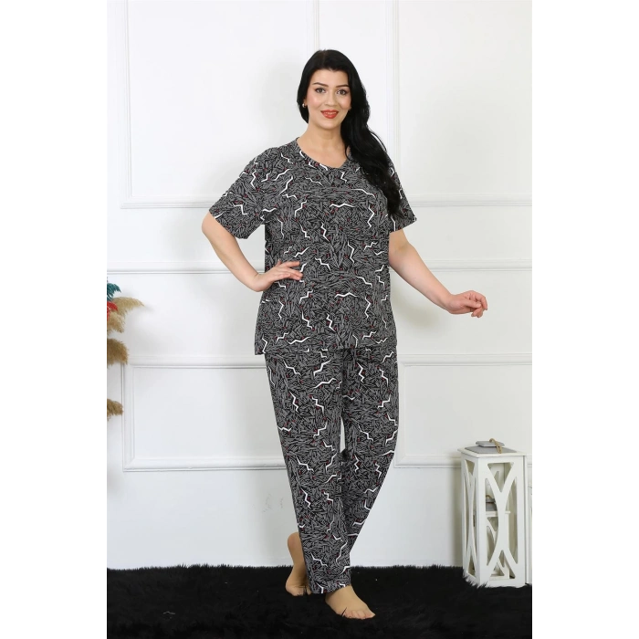 Moda Çizgi Kadın 5XL-6XL-7XL-8XL Büyük Beden Kısa Kol Pijama Takım 75011
