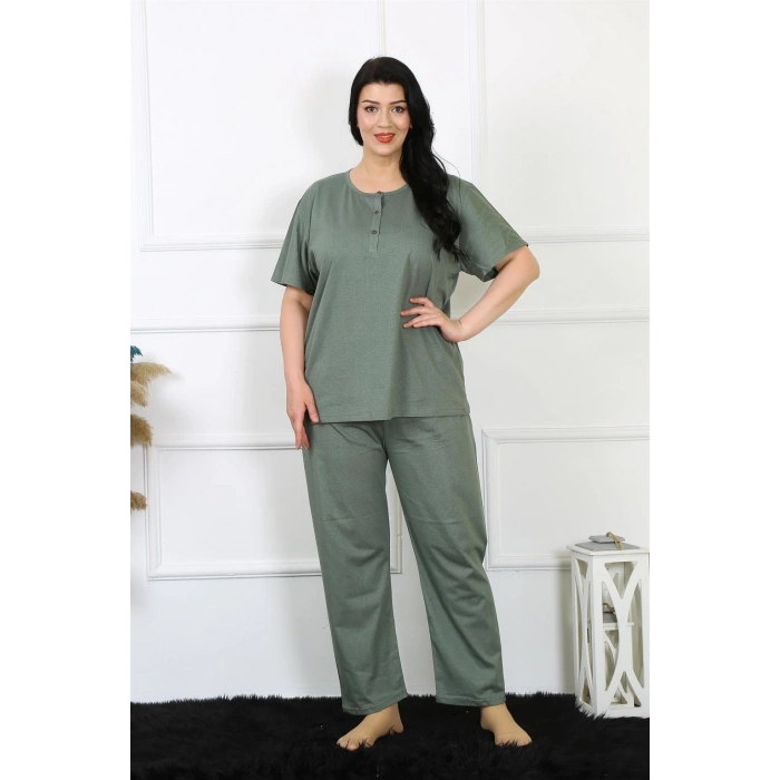 Moda Çizgi Kadın 5XL-6XL-7XL-8XL Büyük Beden Yeşil Kısa Kol Pijama Takım 75012