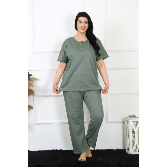 Moda Çizgi Kadın 5XL-6XL-7XL-8XL Büyük Beden Yeşil Kısa Kol Pijama Takım 75012