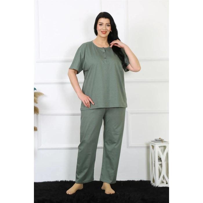 Moda Çizgi Kadın 5XL-6XL-7XL-8XL Büyük Beden Yeşil Kısa Kol Pijama Takım 75012