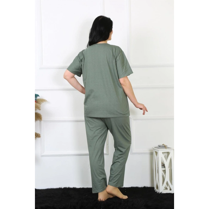 Moda Çizgi Kadın 5XL-6XL-7XL-8XL Büyük Beden Yeşil Kısa Kol Pijama Takım 75012