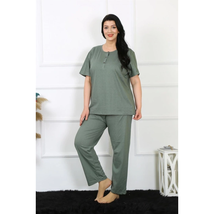 Moda Çizgi Kadın 5XL-6XL-7XL-8XL Büyük Beden Yeşil Kısa Kol Pijama Takım 75012