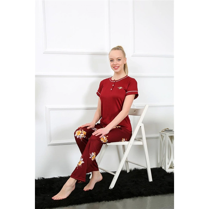 Moda Çizgi Kadın Bordo Kısa Kol Pijama Takım 20388