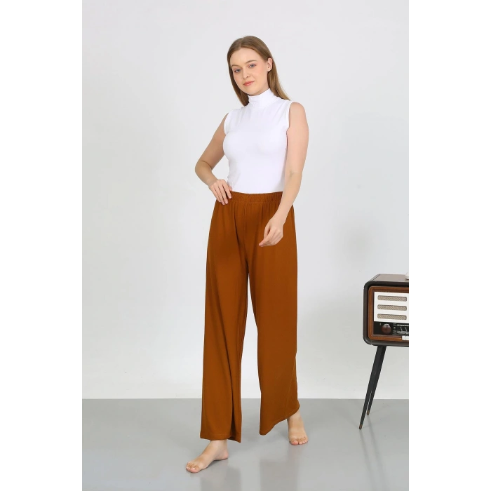 Moda Çizgi Kadın Bürümcük Kumaş Hafif-Esnek Pantolon 210074 Kahve