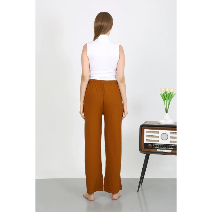 Moda Çizgi Kadın Bürümcük Kumaş Hafif-Esnek Pantolon 210074 Kahve