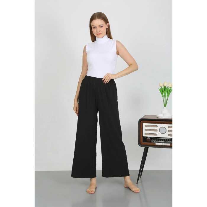 Moda Çizgi Kadın Bürümcük Kumaş Hafif-Esnek Pantolon 210074 Siyah