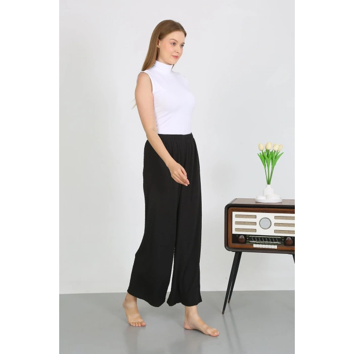 Moda Çizgi Kadın Bürümcük Kumaş Hafif-Esnek Pantolon 210074 Siyah