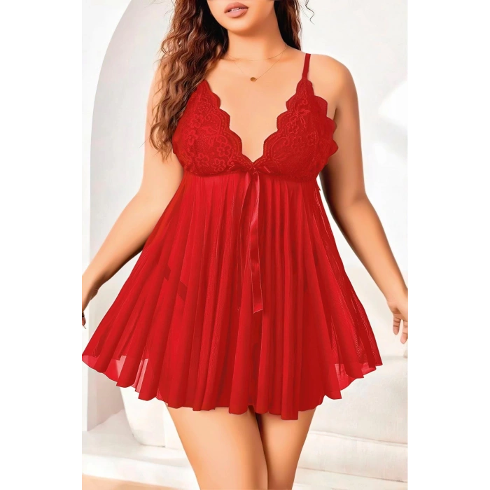 Moda Çizgi Kadın Büyük Beden Fantezi Gecelik Kırmızı B2000