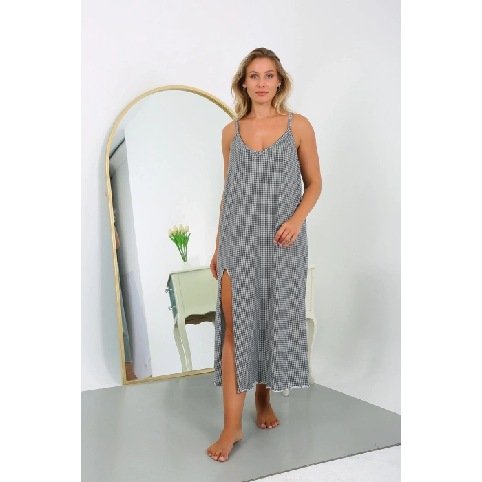 Moda Çizgi Kadın Büyük Beden İp Askılı Pamuk Uzun Gecelik 12108