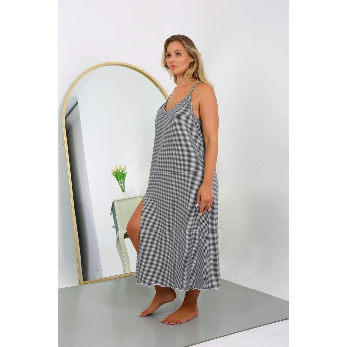 Moda Çizgi Kadın Büyük Beden İp Askılı Pamuk Uzun Gecelik 12108