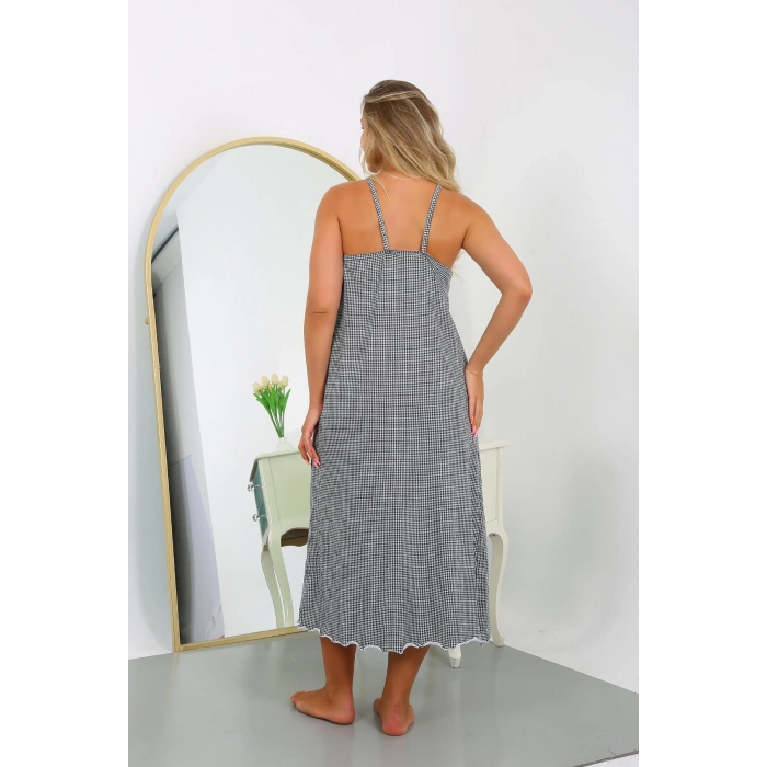 Moda Çizgi Kadın Büyük Beden İp Askılı Pamuk Uzun Gecelik 12108