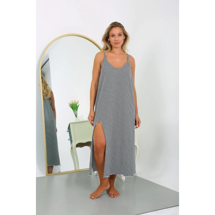 Moda Çizgi Kadın Büyük Beden İp Askılı Pamuk Uzun Gecelik 12108