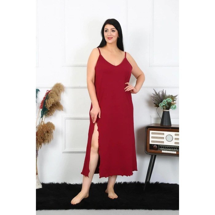 Moda Çizgi Kadın Büyük Beden İp Askılı Pamuklu Bordo Uzun Gecelik 12100