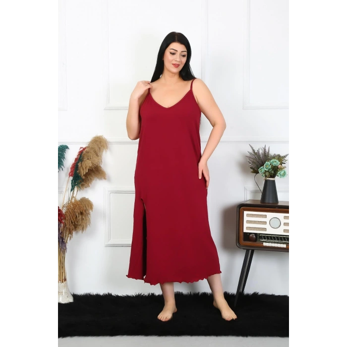 Moda Çizgi Kadın Büyük Beden İp Askılı Pamuklu Bordo Uzun Gecelik 12100