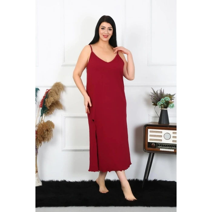 Moda Çizgi Kadın Büyük Beden İp Askılı Pamuklu Bordo Uzun Gecelik 12100