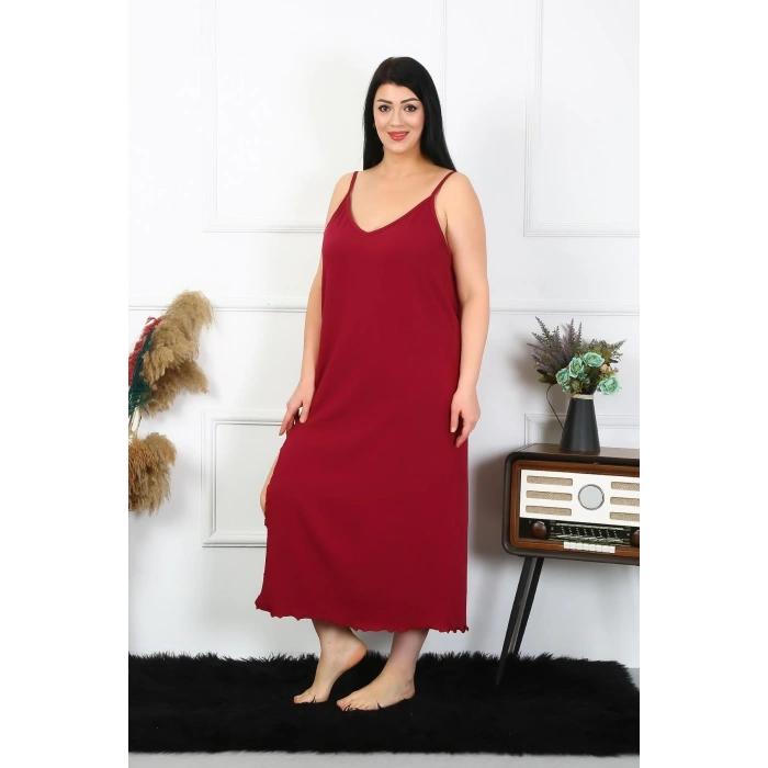 Moda Çizgi Kadın Büyük Beden İp Askılı Pamuklu Bordo Uzun Gecelik 12100
