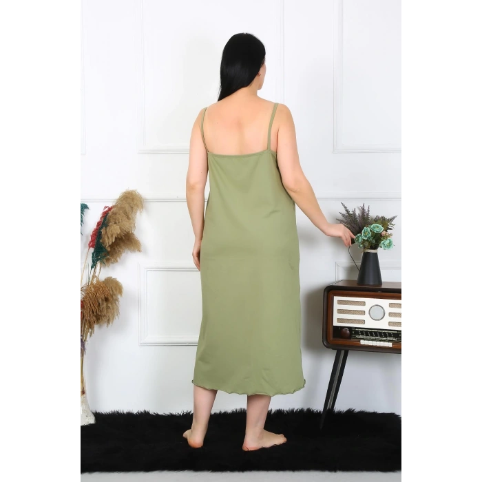 Moda Çizgi Kadın Büyük Beden İp Askılı Pamuklu Haki Uzun Gecelik 12100