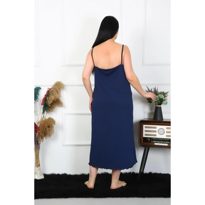 Moda Çizgi Kadın Büyük Beden İp Askılı Pamuklu Lacivert Uzun Gecelik 12100