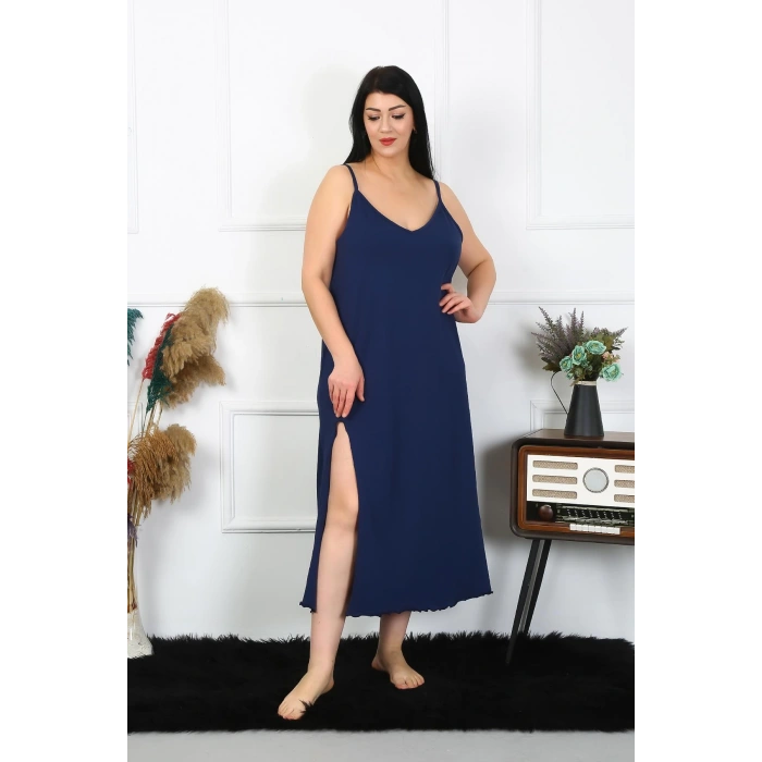 Moda Çizgi Kadın Büyük Beden İp Askılı Pamuklu Lacivert Uzun Gecelik 12100