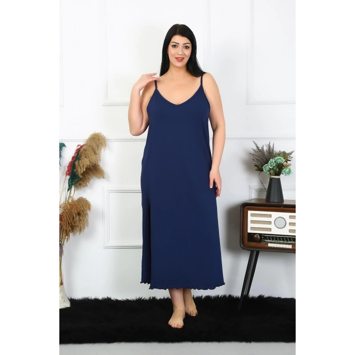Moda Çizgi Kadın Büyük Beden İp Askılı Pamuklu Lacivert Uzun Gecelik 12100