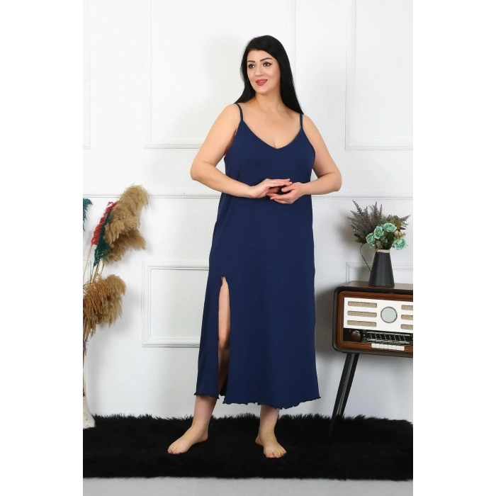 Moda Çizgi Kadın Büyük Beden İp Askılı Pamuklu Lacivert Uzun Gecelik 12100