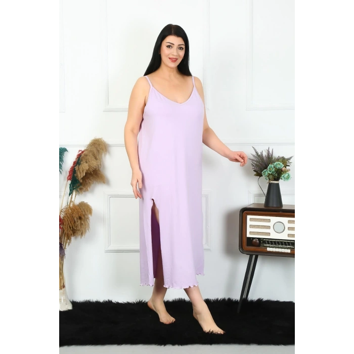Moda Çizgi Kadın Büyük Beden İp Askılı Pamuklu Lila Uzun Gecelik 12100