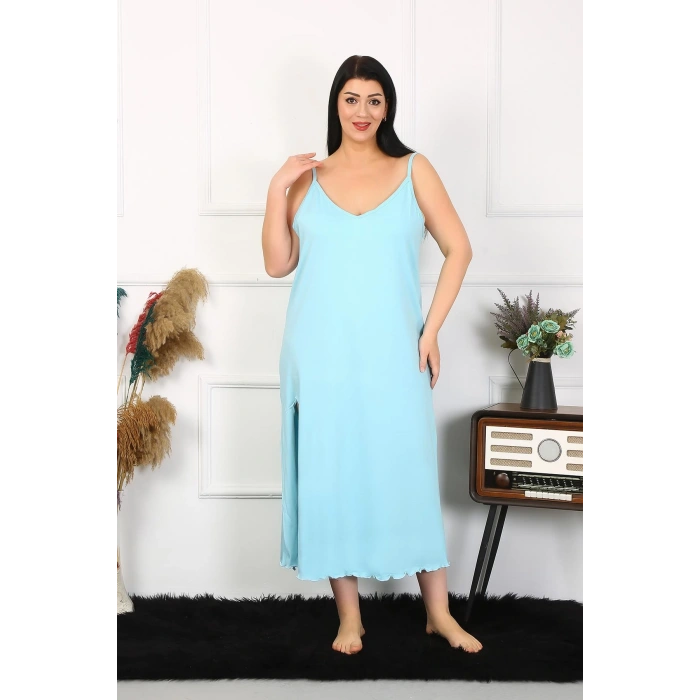 Moda Çizgi Kadın Büyük Beden İp Askılı Pamuklu Mavi Uzun Gecelik 12100