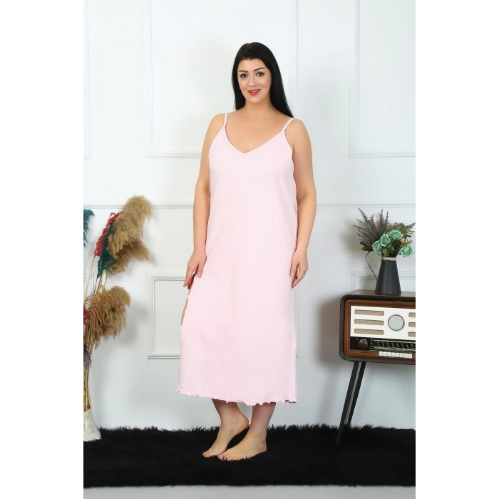 Moda Çizgi Kadın Büyük Beden İp Askılı Pamuklu Pembe Uzun Gecelik 12100