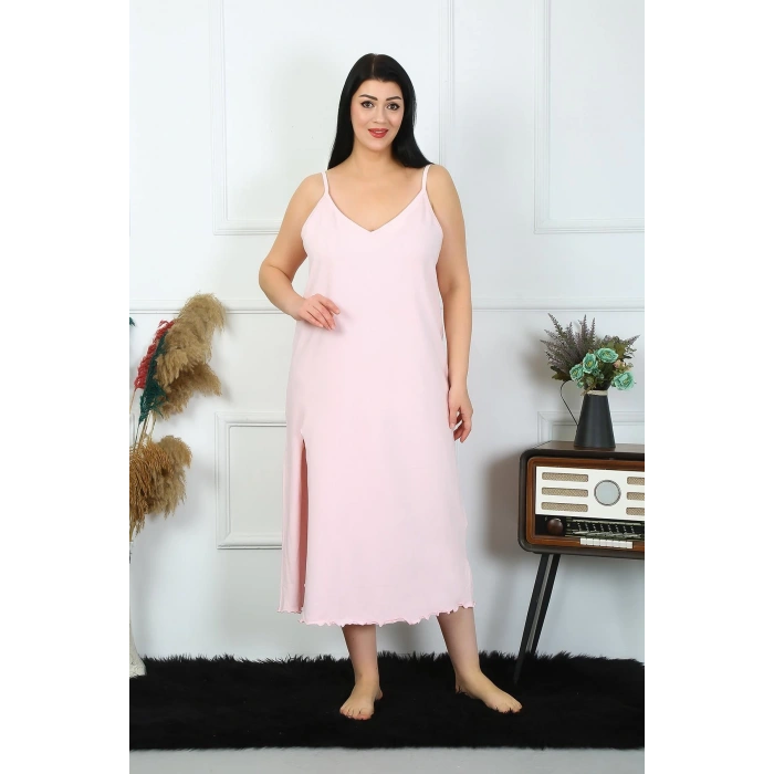 Moda Çizgi Kadın Büyük Beden İp Askılı Pamuklu Pembe Uzun Gecelik 12100