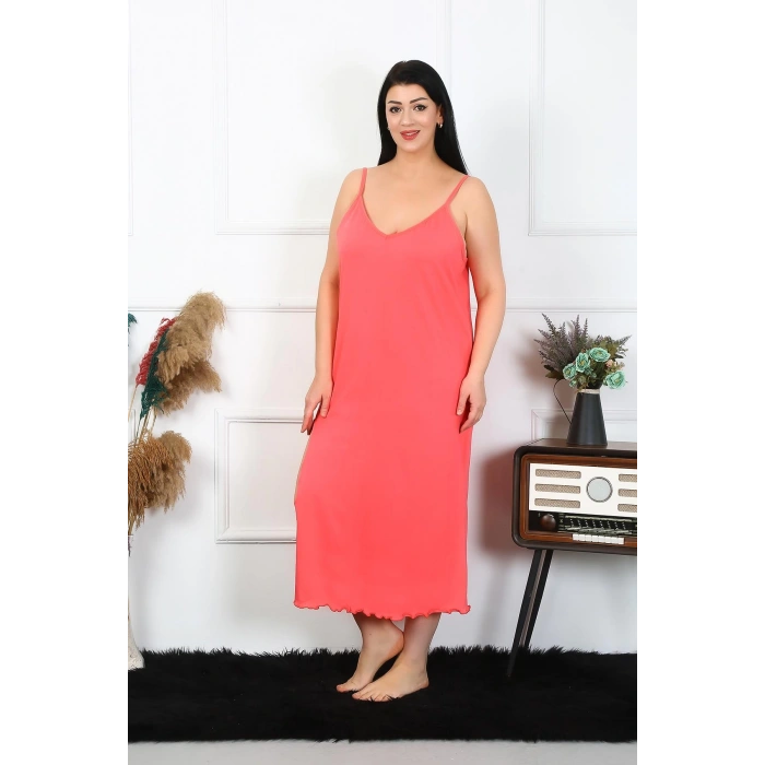 Moda Çizgi Kadın Büyük Beden İp Askılı Pamuklu Somon Uzun Gecelik 12100
