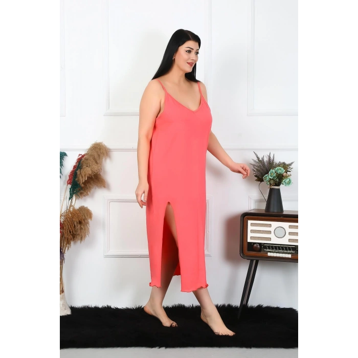 Moda Çizgi Kadın Büyük Beden İp Askılı Pamuklu Somon Uzun Gecelik 12100