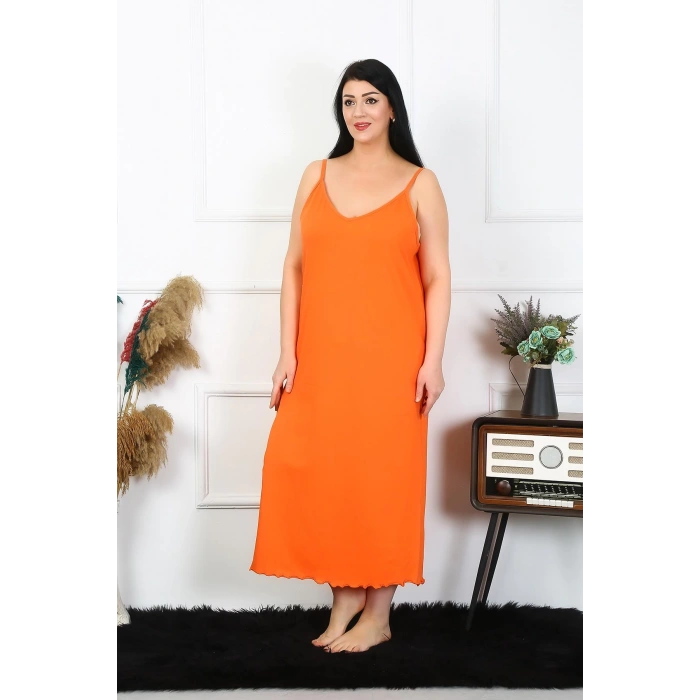 Moda Çizgi Kadın Büyük Beden İp Askılı Pamuklu Turuncu Uzun Gecelik 12100