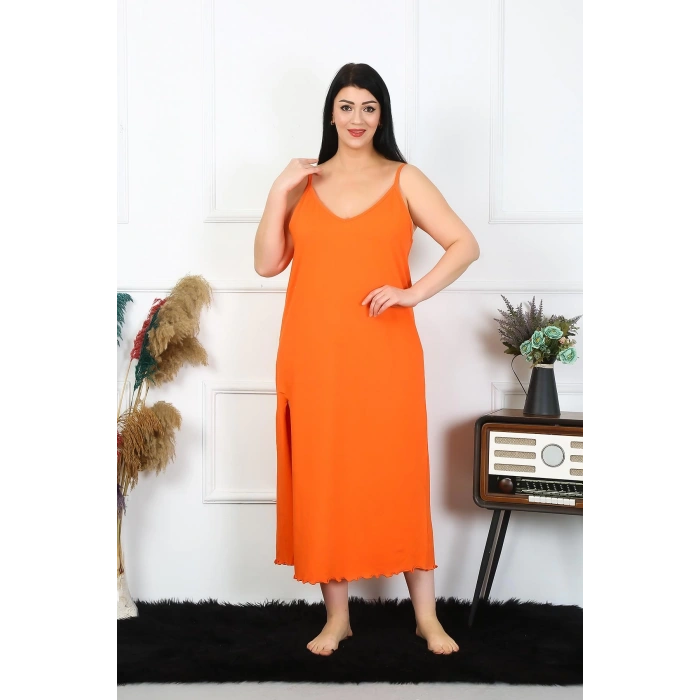 Moda Çizgi Kadın Büyük Beden İp Askılı Pamuklu Turuncu Uzun Gecelik 12100