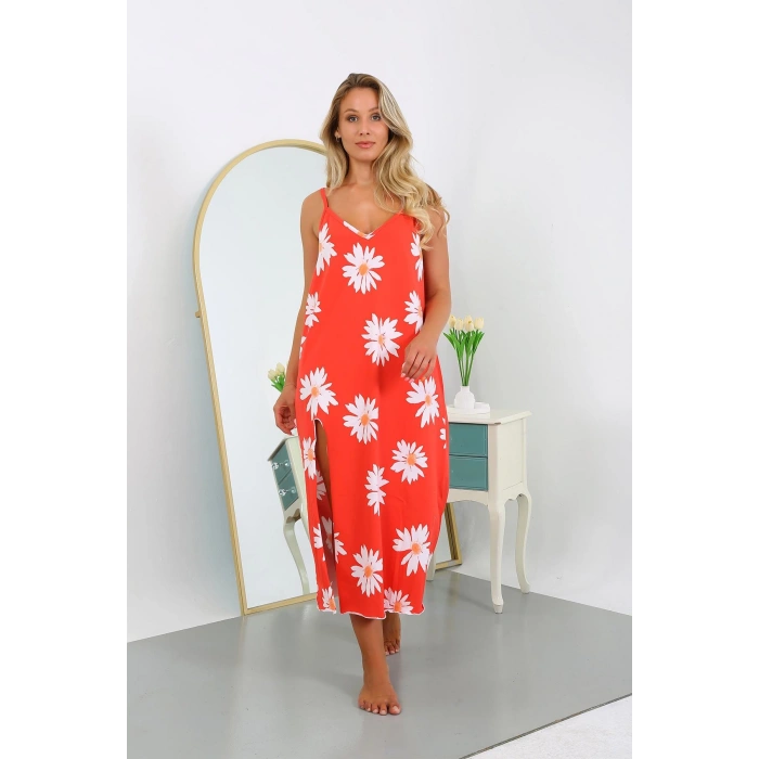 Moda Çizgi Kadın Büyük Beden İp Askılı Pamuklu Uzun Gecelik 12104 Nar Çiçeği