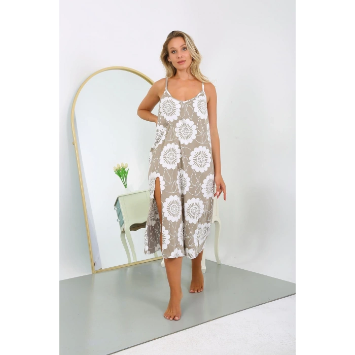 Moda Çizgi Kadın Büyük Beden İp Askılı Pamuklu Uzun Gecelik 12104 Vizon