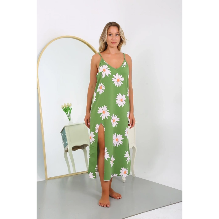 Moda Çizgi Kadın Büyük Beden İp Askılı Pamuklu Uzun Gecelik 12104 Yeşil