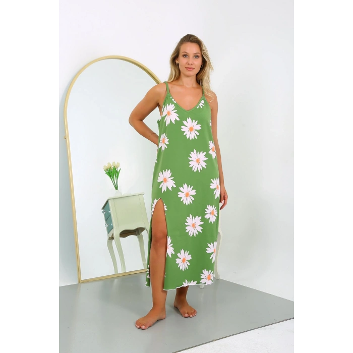 Moda Çizgi Kadın Büyük Beden İp Askılı Pamuklu Uzun Gecelik 12104 Yeşil