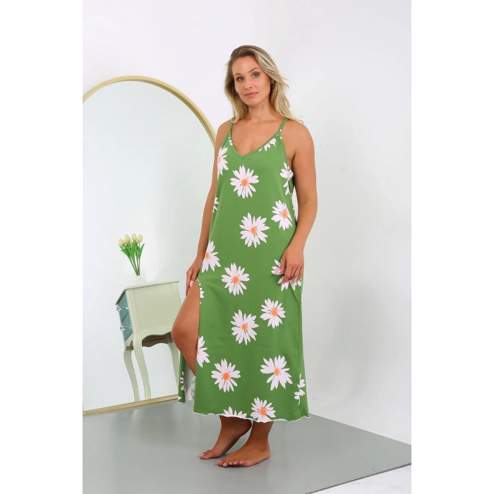 Moda Çizgi Kadın Büyük Beden İp Askılı Pamuklu Uzun Gecelik 12104 Yeşil