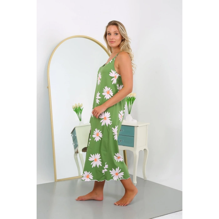 Moda Çizgi Kadın Büyük Beden İp Askılı Pamuklu Uzun Gecelik 12104 Yeşil