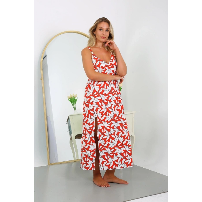 Moda Çizgi Kadın Büyük Beden İp Askılı Pamuklu Uzun Gecelik 12105