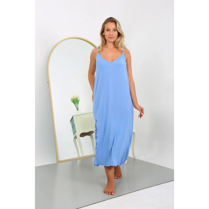 Moda Çizgi Kadın Büyük Beden İp Askılı Pamuklu Uzun Gecelik 12106