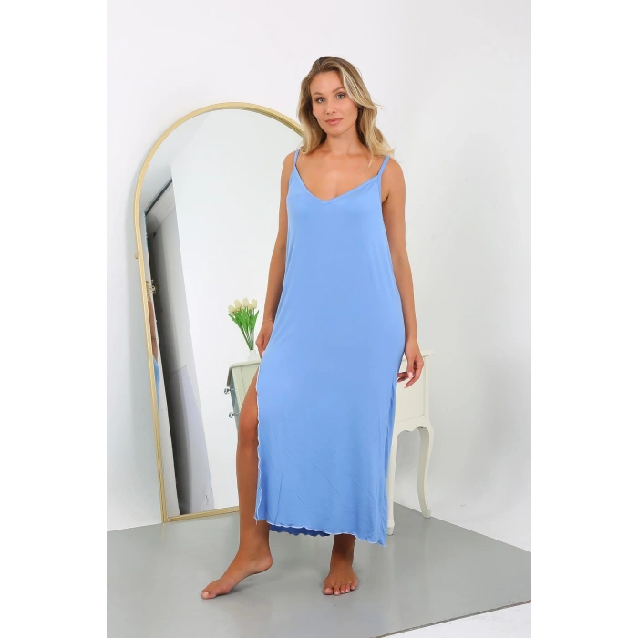 Moda Çizgi Kadın Büyük Beden İp Askılı Pamuklu Uzun Gecelik 12106