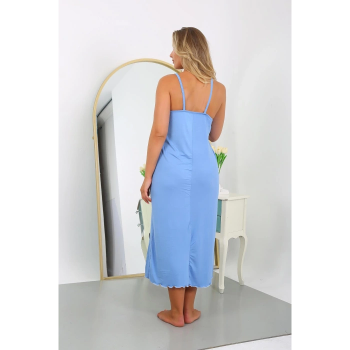 Moda Çizgi Kadın Büyük Beden İp Askılı Pamuklu Uzun Gecelik 12106