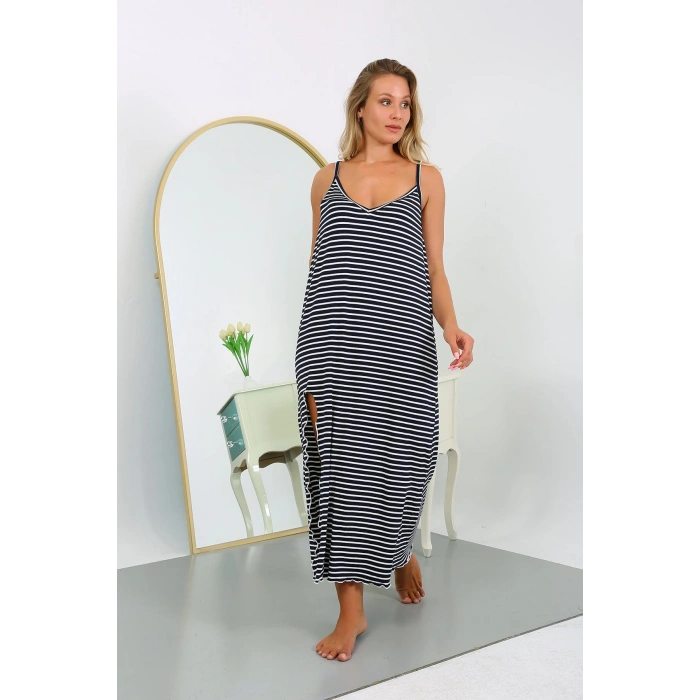 Moda Çizgi Kadın Büyük Beden İp Askılı Pamuklu Uzun Gecelik 12107