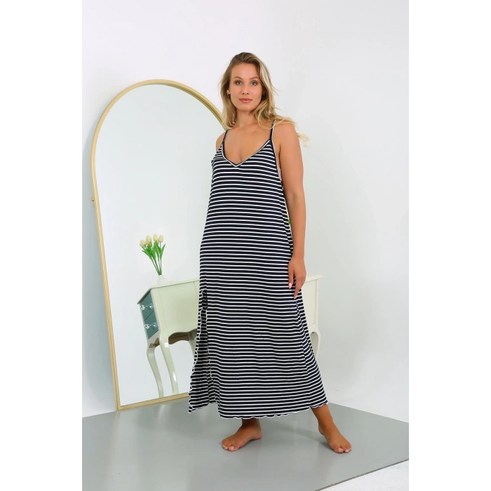 Moda Çizgi Kadın Büyük Beden İp Askılı Pamuklu Uzun Gecelik 12107