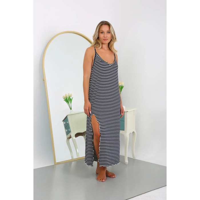Moda Çizgi Kadın Büyük Beden İp Askılı Pamuklu Uzun Gecelik 12107