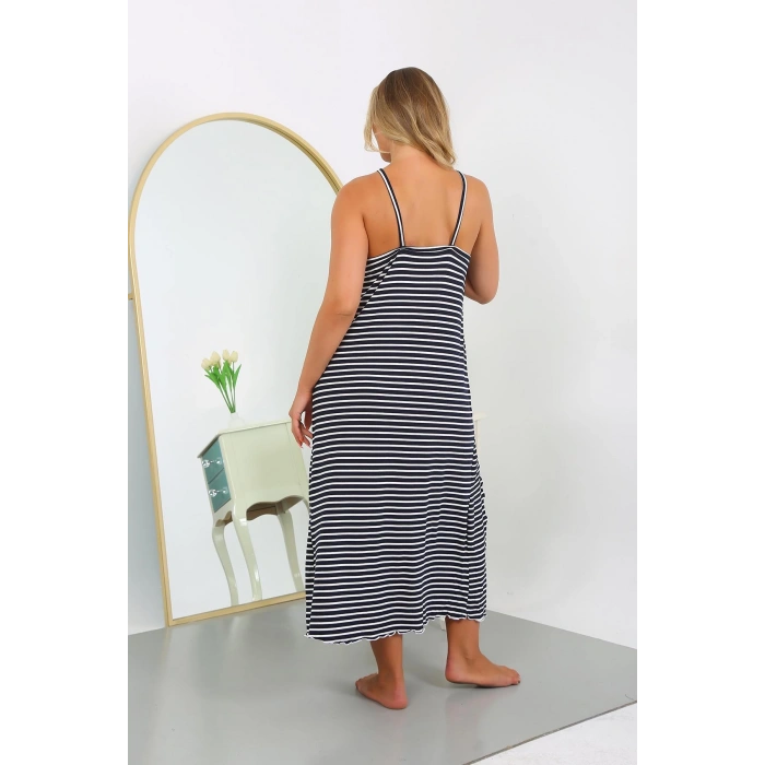 Moda Çizgi Kadın Büyük Beden İp Askılı Pamuklu Uzun Gecelik 12107